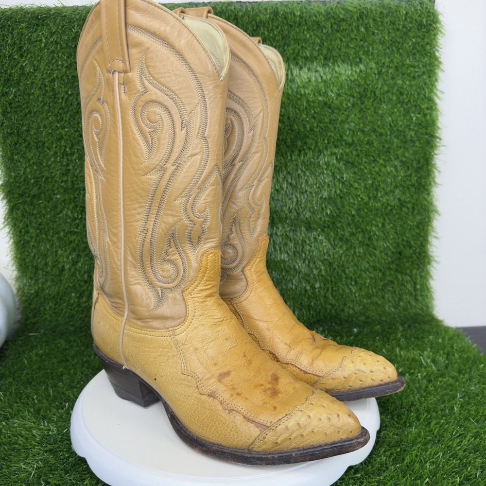 Vintage 90s Tony Lama Ostrich Cowboy Boots Western Workwear Tan 7.5 D (d6)